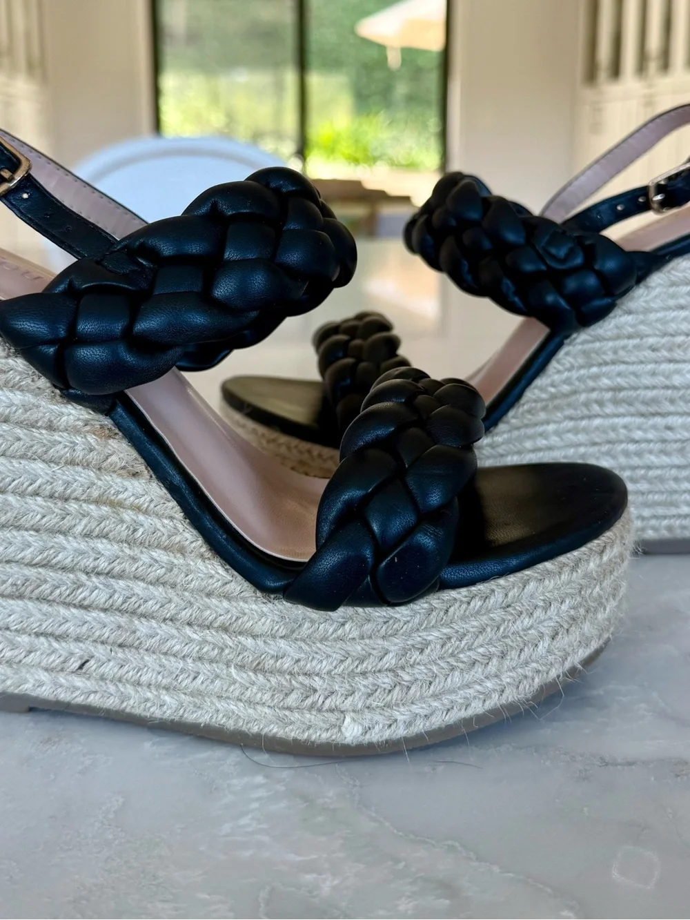 Coutgo Braided Strap Black Wedge Espadrille Sandals - Black size 6